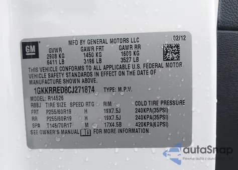 2012 GMC Acadia Slt-1 from USA, damaged, VIN 1GKKRRED8CJ271874